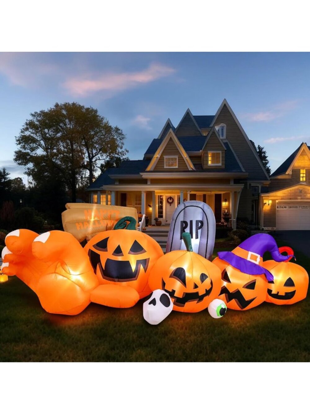 9.2 Ft Halloween Inflatable Yard Decor - LED Pumpkin, Gravestone & Witch Hat